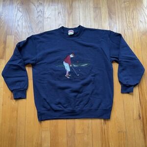 Vintage Nutmeg Mills Sweatshirt Mens L Blue Golfer Embroidered Crewneck 90s USA